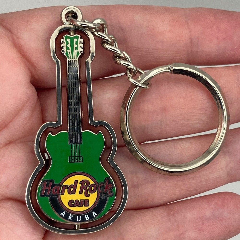 Hard Rock Cafe Aruba Keychain Green Guitar Spinner Key Ring Rock & Pop Music